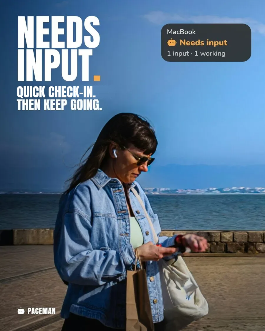 Needs input. Quick check-in. Then keep going. A woman on a seafront glances at her watch; a Paceman card reads Needs input.